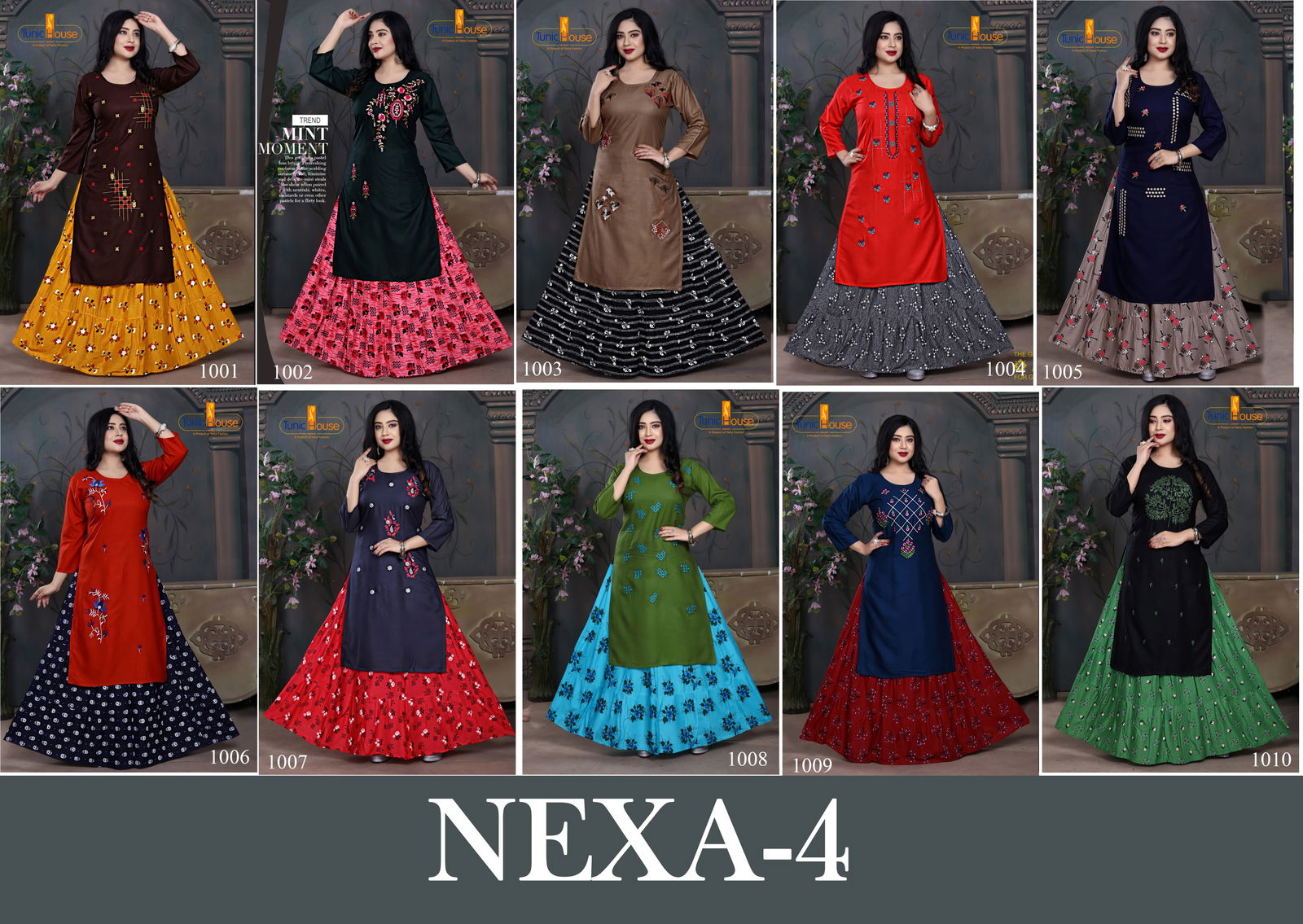 Tunic House Nexa 4 Embroidery Fancy Ethnic Wear Rayon With Embroidery Kurtis With Skirt Collection 
